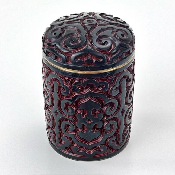 Antique Chinese Hand Carved Cinnabar Canister Jar Box Black and Red Blue Inside - Picture 5 of 14